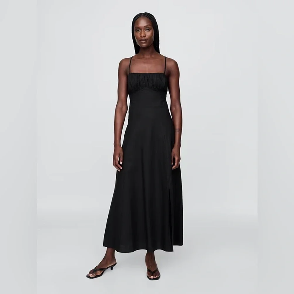 gap black linen dress Women's Linen-Blend Drop-Waist Corset Maxi Dress by Gap Black Tall Size XL